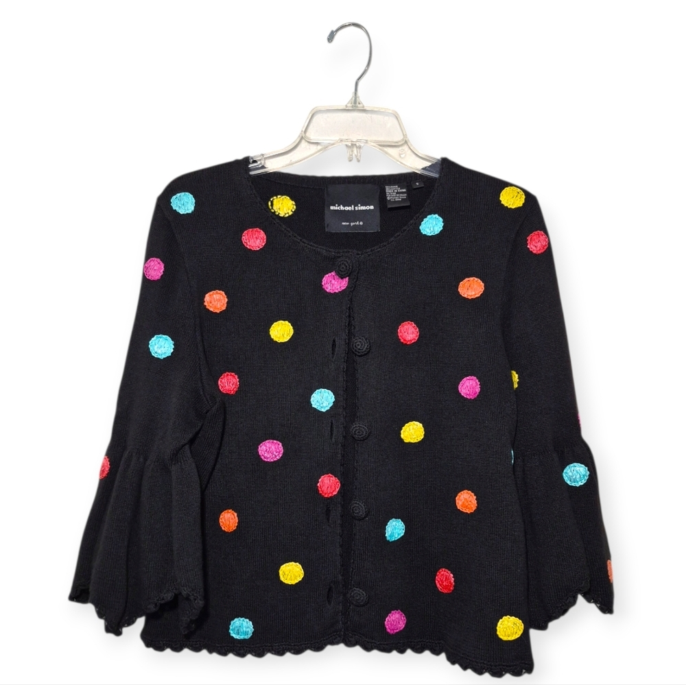 MICHAEL SIMON New York Black Polka Dot Cardigan Top With Bell Sleeves Small